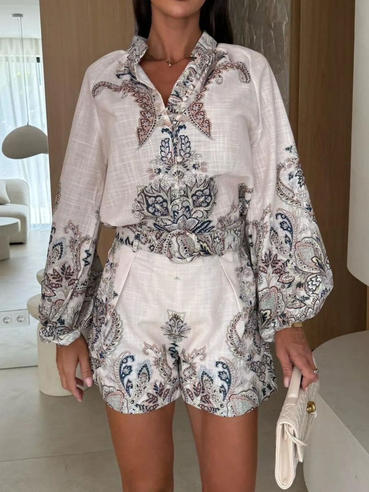 Printed Long Sleeve Shirt and Shorts Set