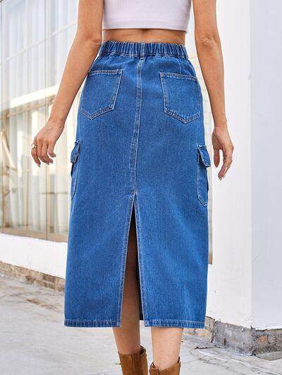 Slit Midi Denim Skirt with Pockets for Stylish Comfort